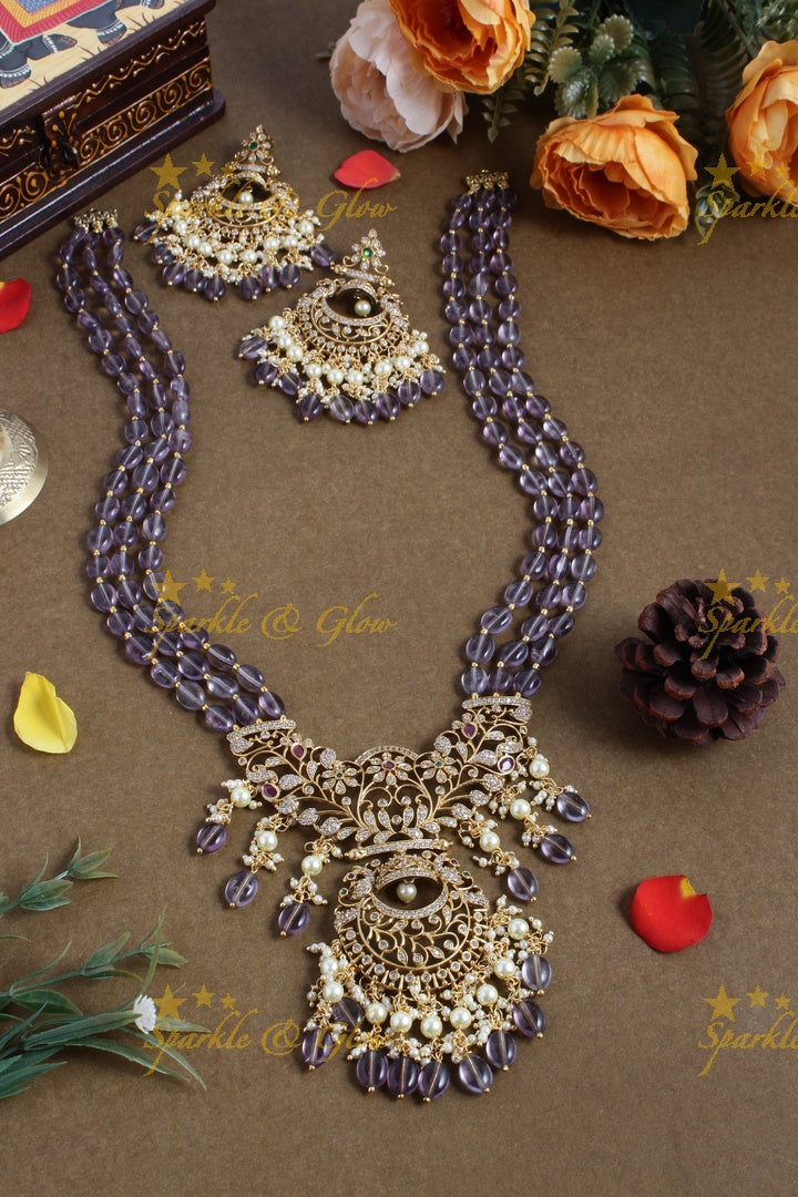 Premium Matt bead necklace floral half moon pendent - silver