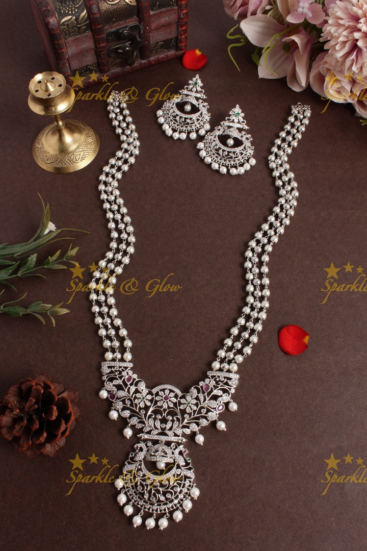 Premium Matt bead necklace floral half moon pendent - black
