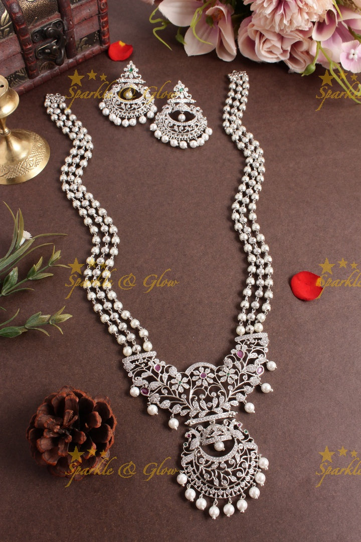 Premium Matt bead necklace floral half moon pendent - silver