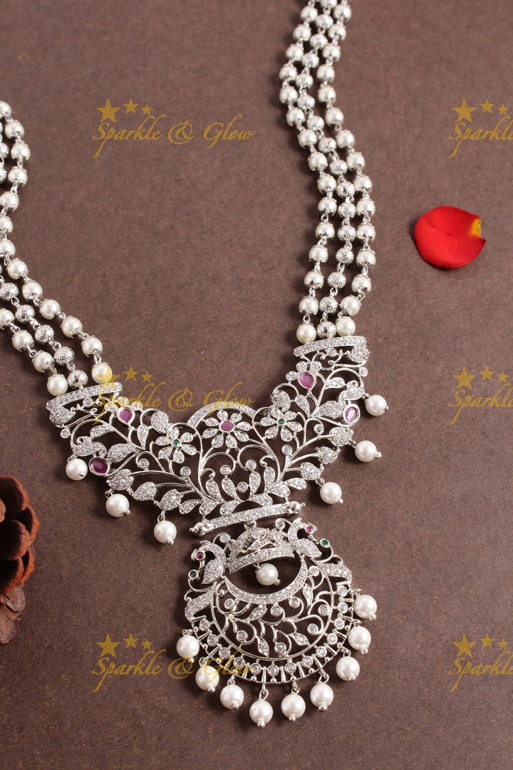 Premium Matt bead necklace floral half moon pendent - silver