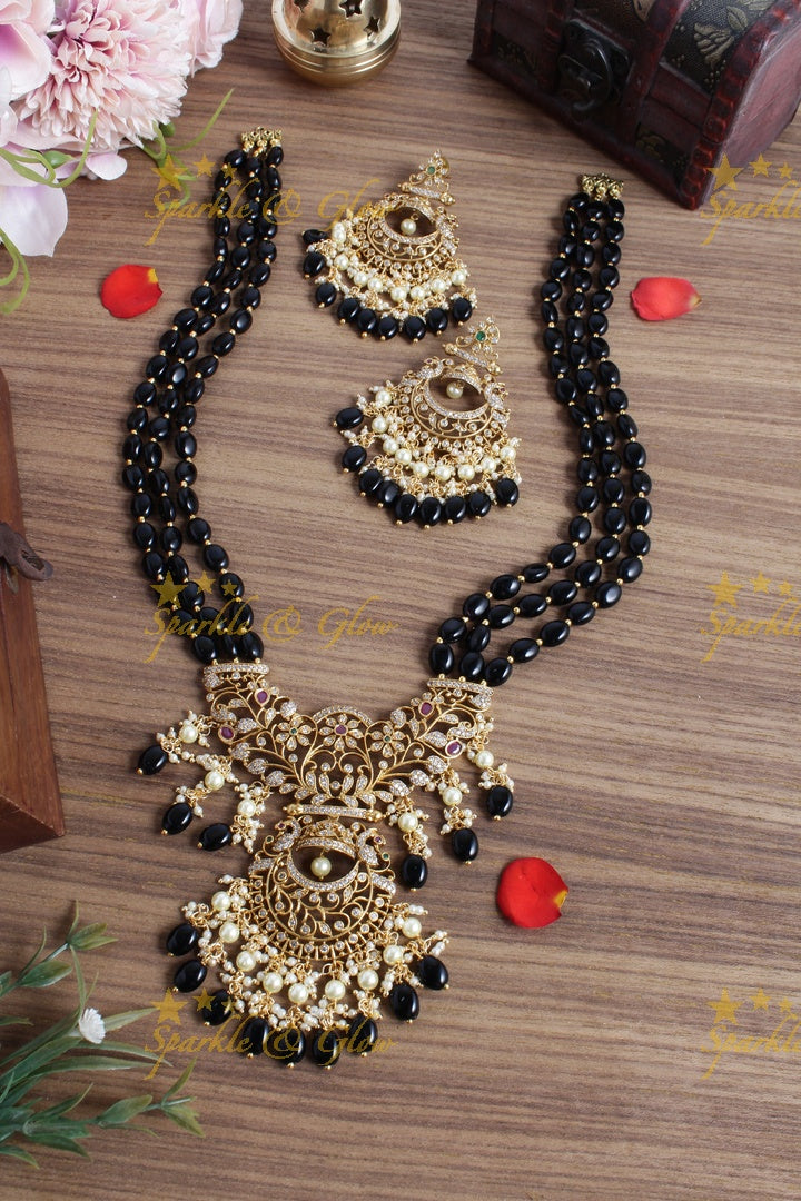 Premium Matt bead necklace floral half moon pendent - black
