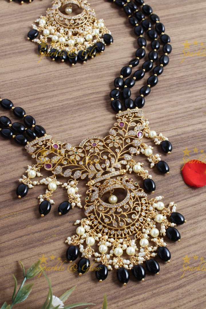 Premium Matt bead necklace floral half moon pendent - black