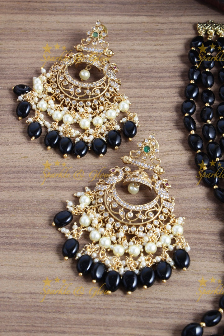 Premium Matt bead necklace floral half moon pendent - black