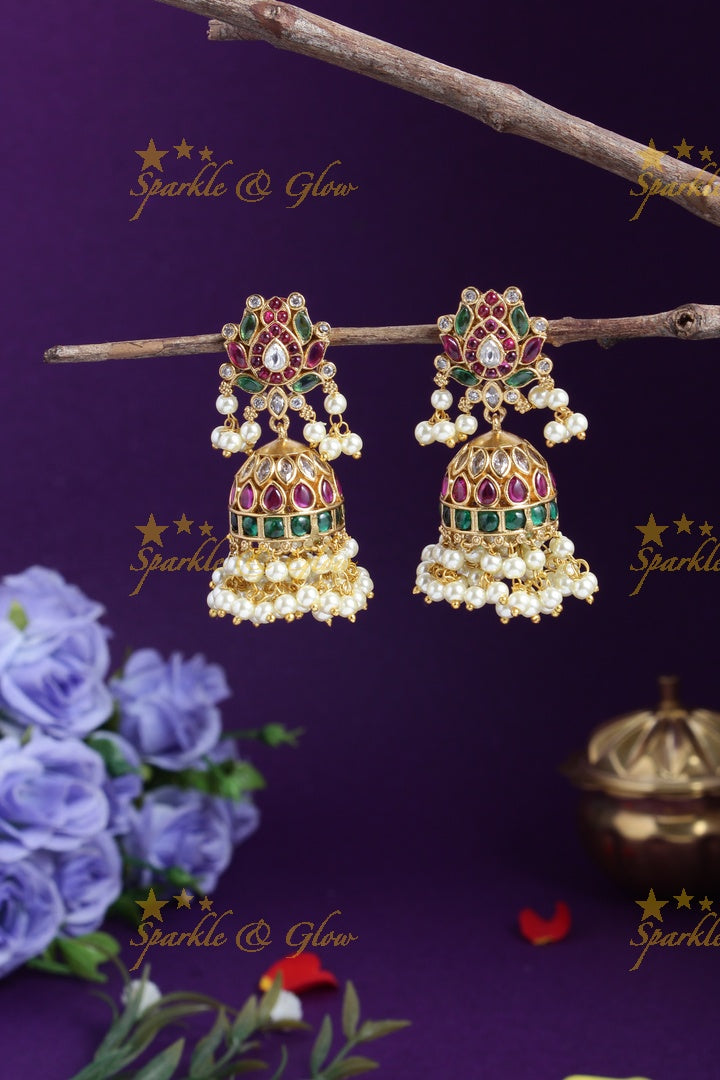 Beautiful gold alike floral studded intricately carved jhumkas