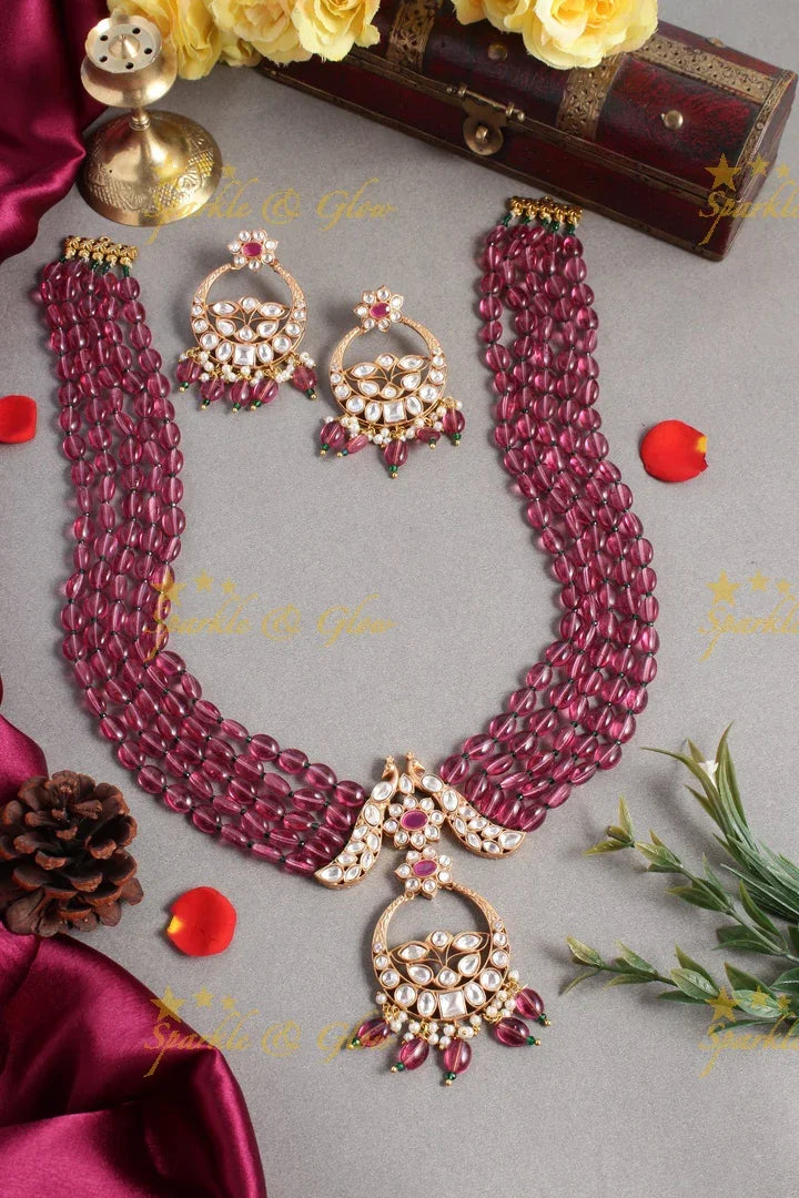 Beautiful kundan peacock necklace with half moon floral pendent - Green - Sparkle and Glow