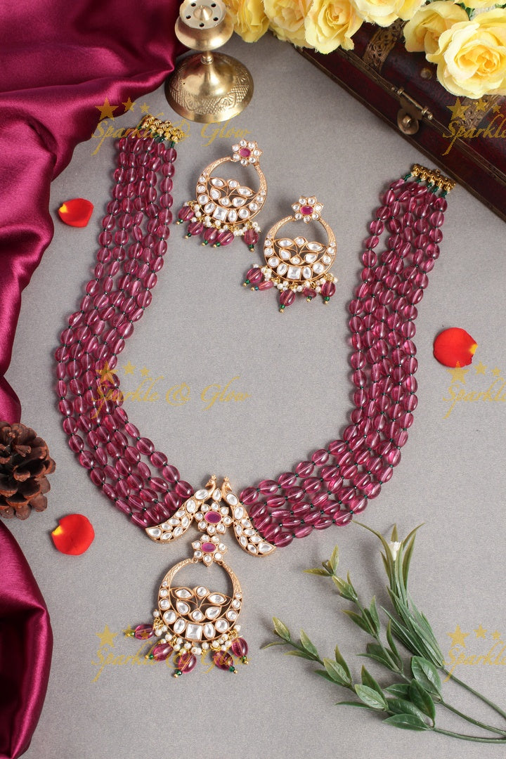 Beautiful kundan peacock necklace with half moon floral pendent - Red
