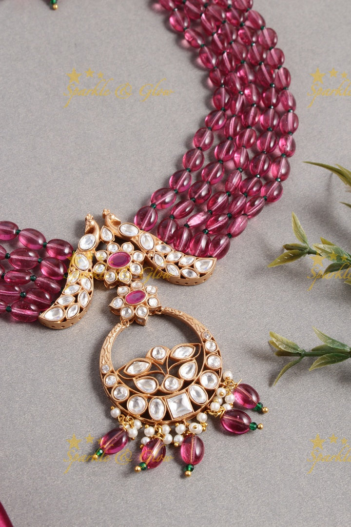 Beautiful kundan peacock necklace with half moon floral pendent - Red