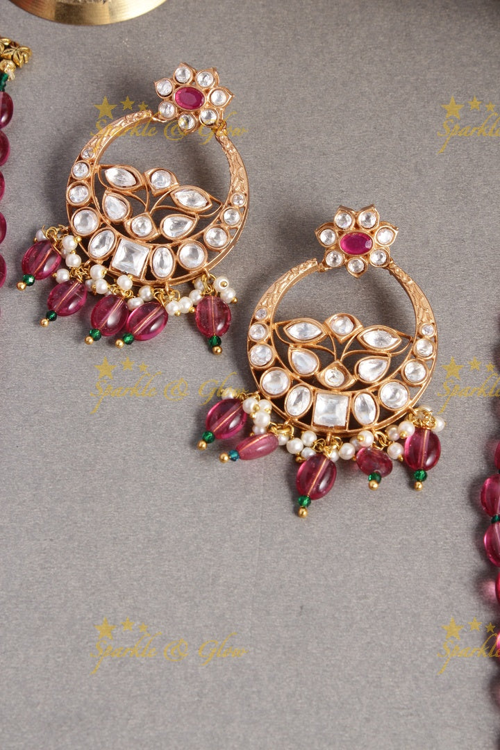 Beautiful kundan peacock necklace with half moon floral pendent - Red