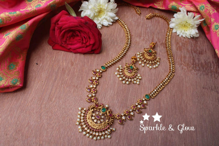 Matte silver Elegant and simple Mango CZ stones peacok haram - Green Pink - Sparkle and Glow