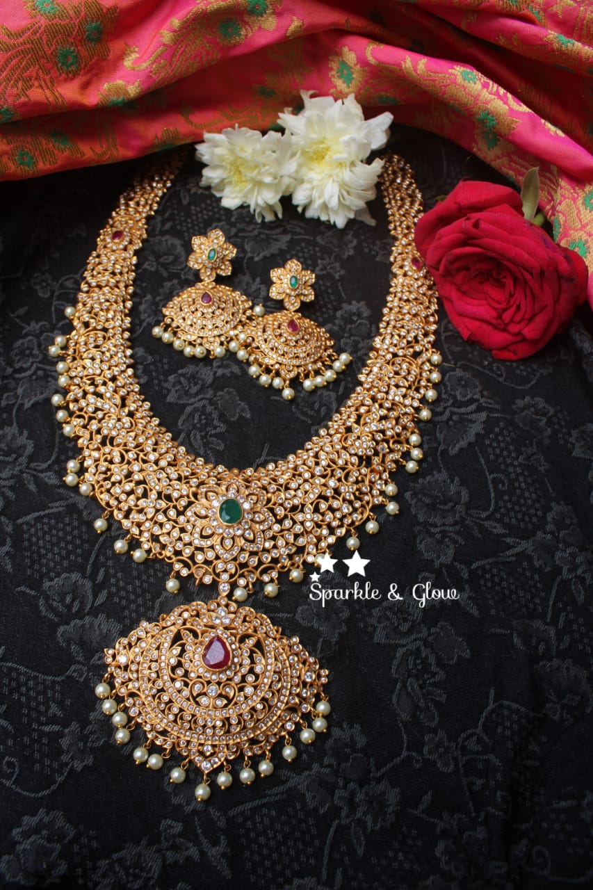 Premium quality matte grand CZ stones haram - Sparkle and Glow - Pearl - Back Thread
