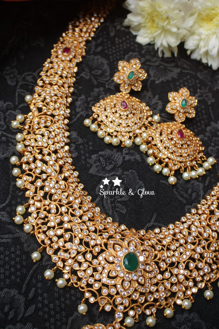 Premium quality matte grand CZ stones haram - Sparkle and Glow - Pearl - Back Thread