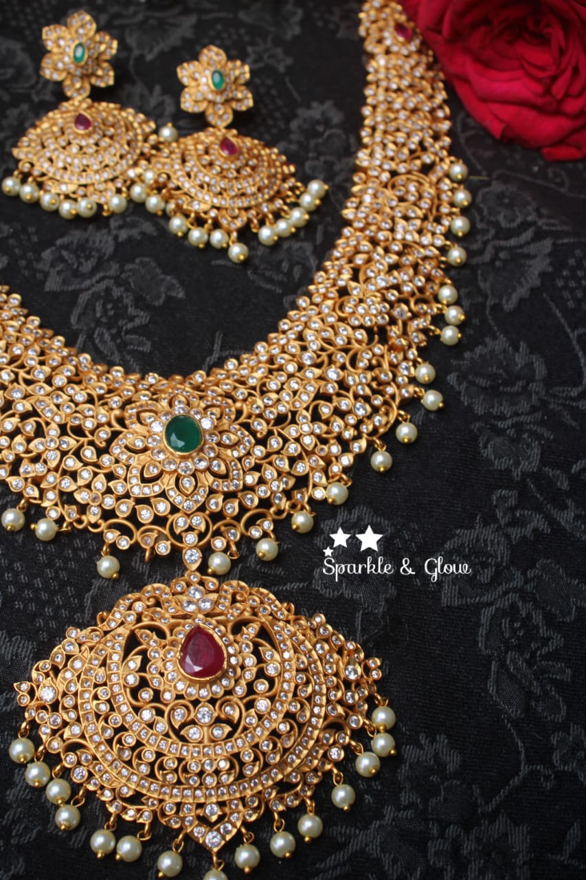Premium quality matte grand CZ stones haram - Sparkle and Glow - Pearl - Back Thread