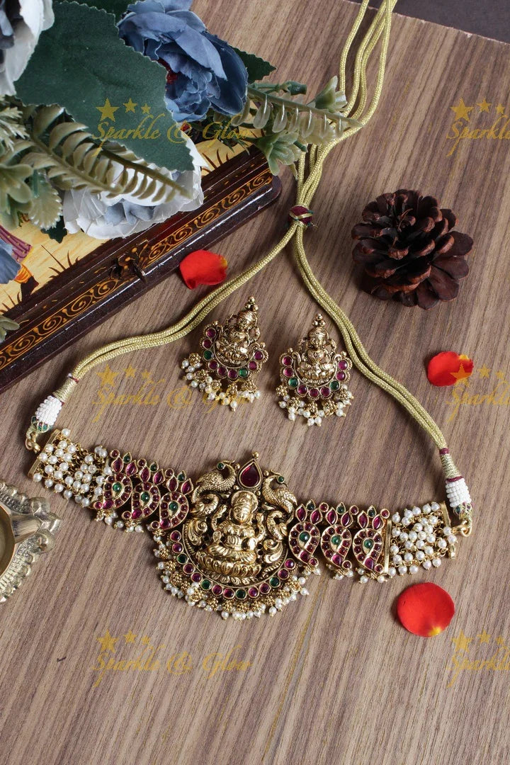 Gold alike lakshmi carved mango gold beads cluster choker - Sparkle and Glow