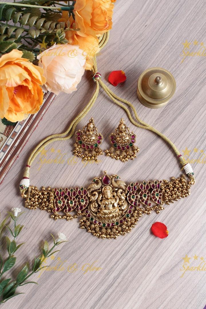 Gold alike lakshmi carved mango gold beads cluster choker - Sparkle and Glow