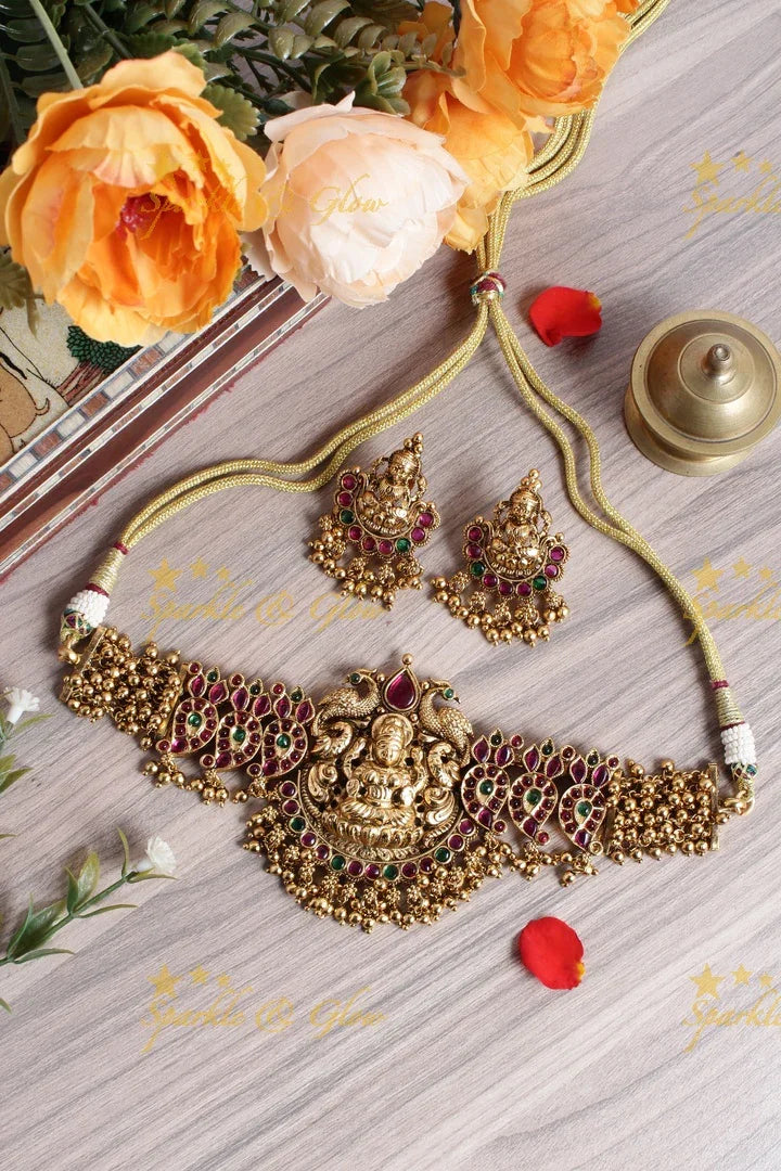 Gold alike lakshmi carved mango gold beads cluster choker - Sparkle and Glow
