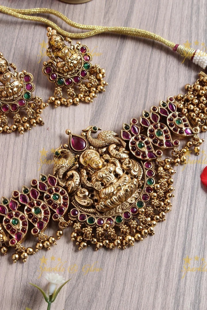 Gold alike lakshmi carved mango gold beads cluster choker - Sparkle and Glow