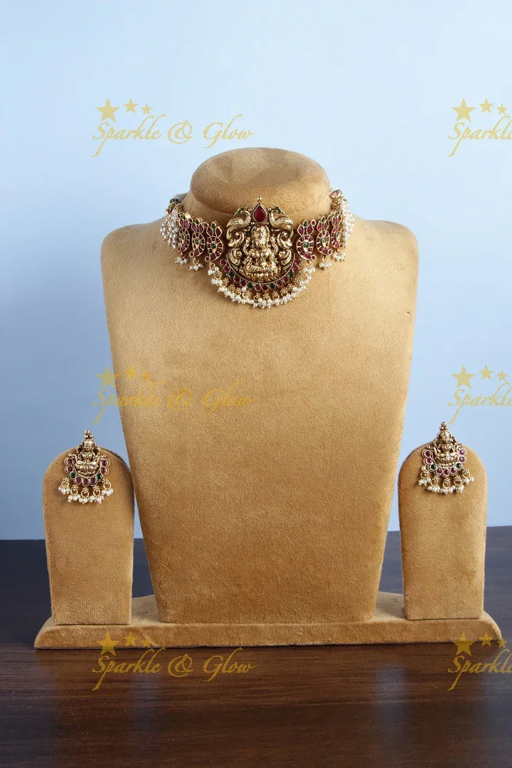 Gold alike lakshmi carved mango gold beads cluster choker - Sparkle and Glow
