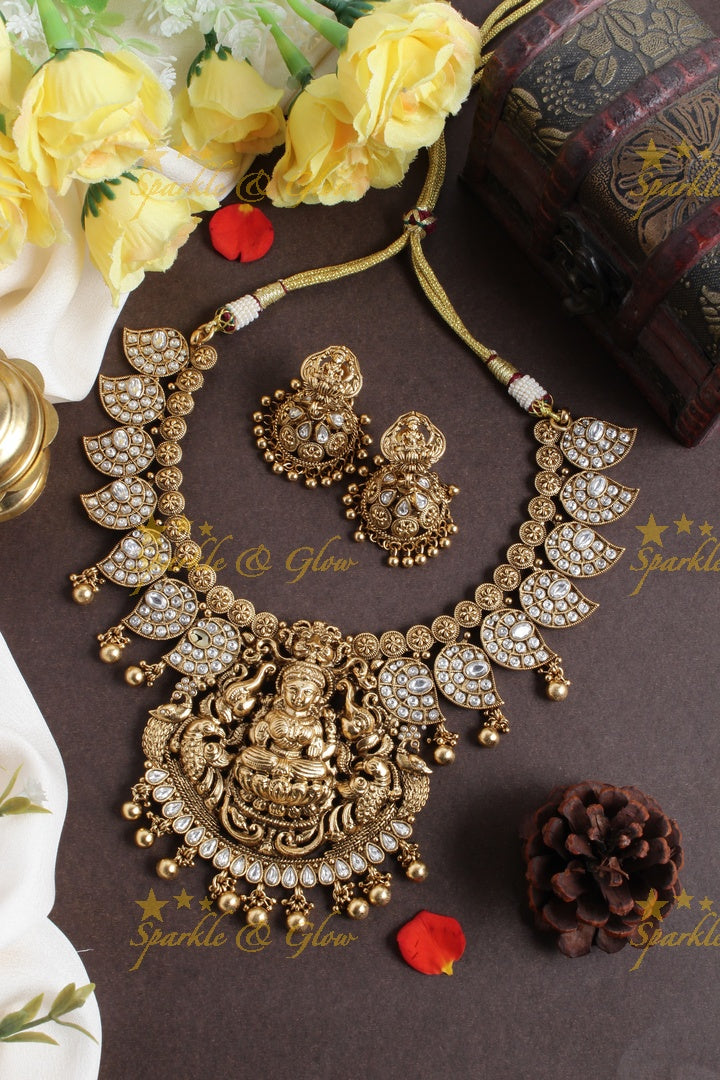Gold alike mango lakshmi carved elephant gold beads necklace