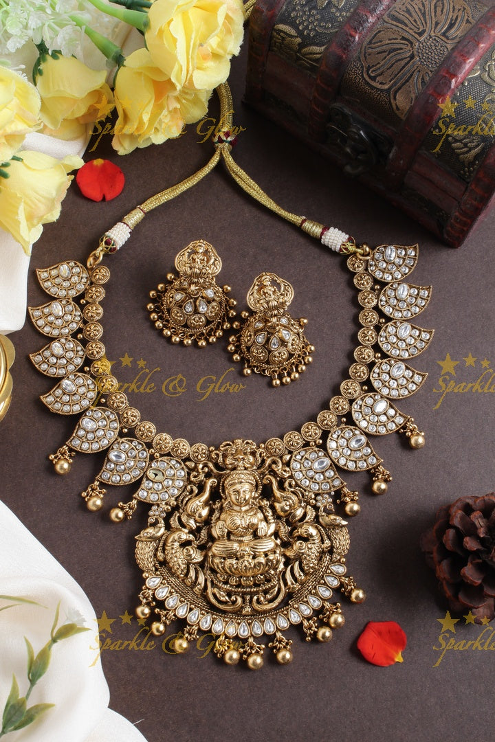 Gold alike mango lakshmi carved elephant gold beads necklace