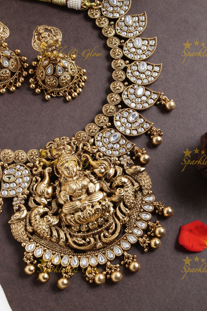 Gold alike mango lakshmi carved elephant gold beads necklace