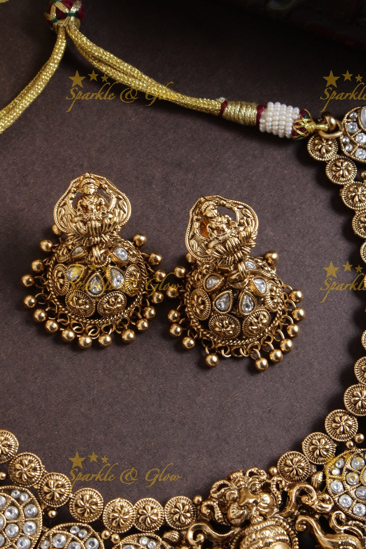 Gold alike mango lakshmi carved elephant gold beads necklace