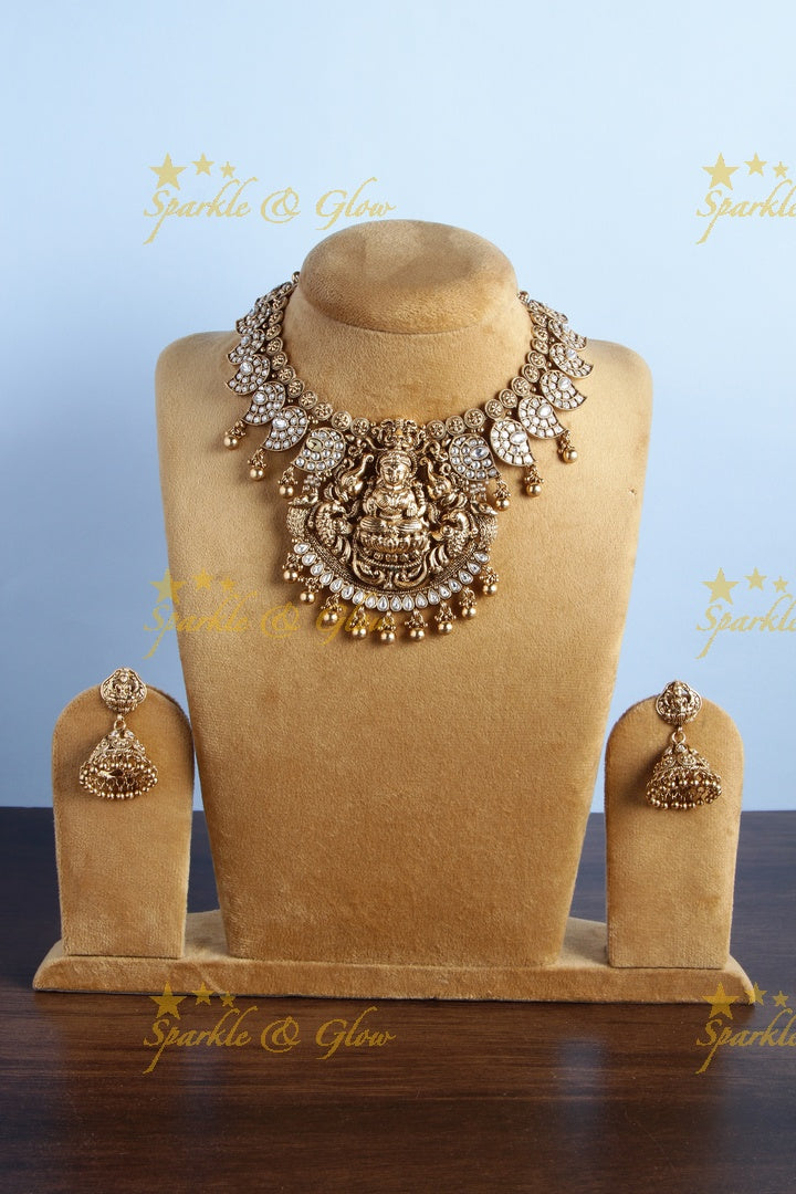 Gold alike mango lakshmi carved elephant gold beads necklace