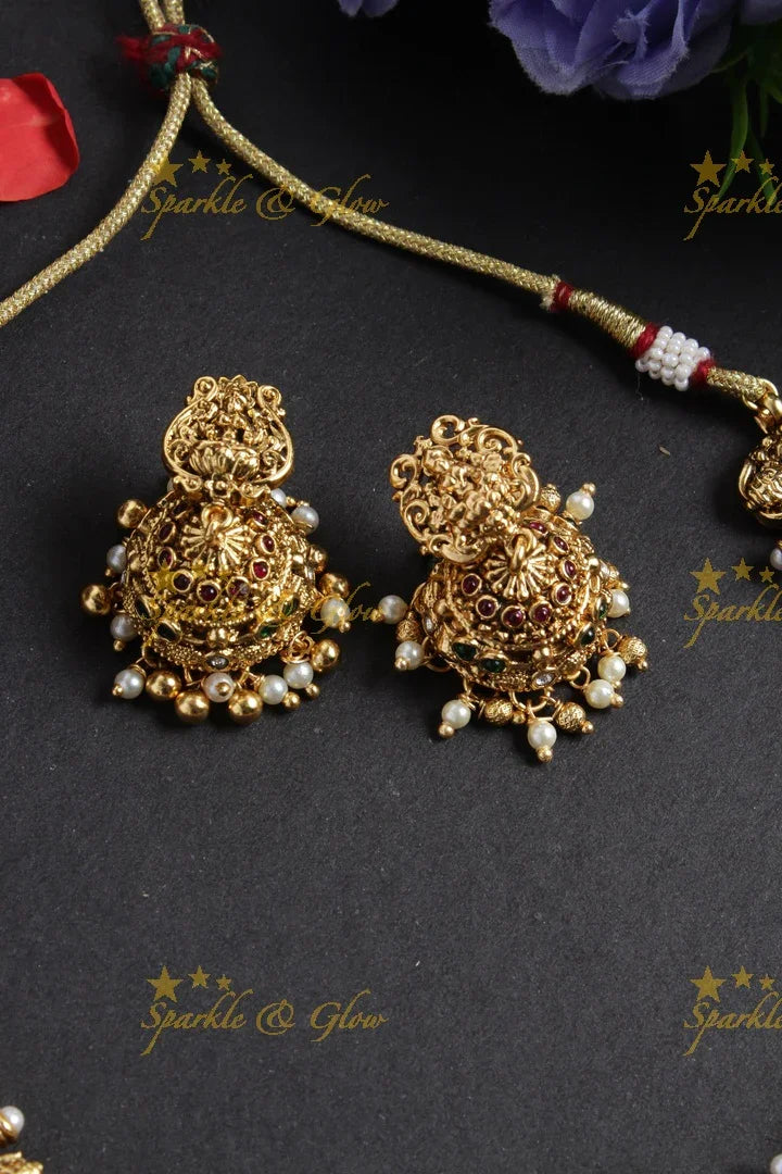 Intricately carved lakshmi carved lakshmi coin peacock pendent gold beads necklace - Sparkle and Glow