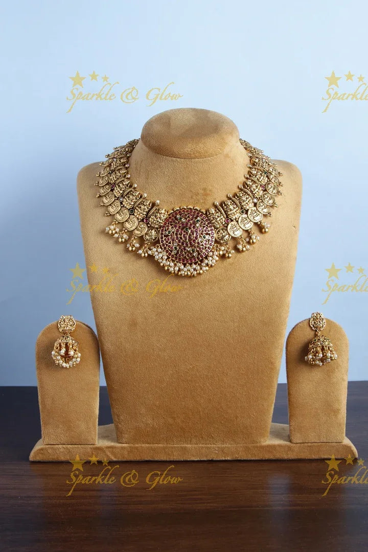 Intricately carved lakshmi carved lakshmi coin peacock pendent gold beads necklace - Sparkle and Glow