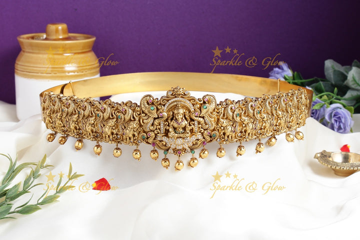 Gold alike intricately carved Elephant peacock carved Lakshmi hipbelt with gold beads
