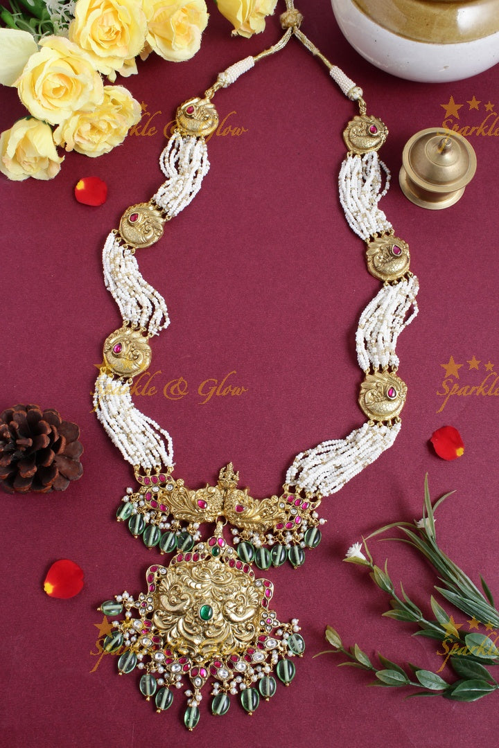 Antique peacock Lakshmi carved pendent pearl jadau long necklace
