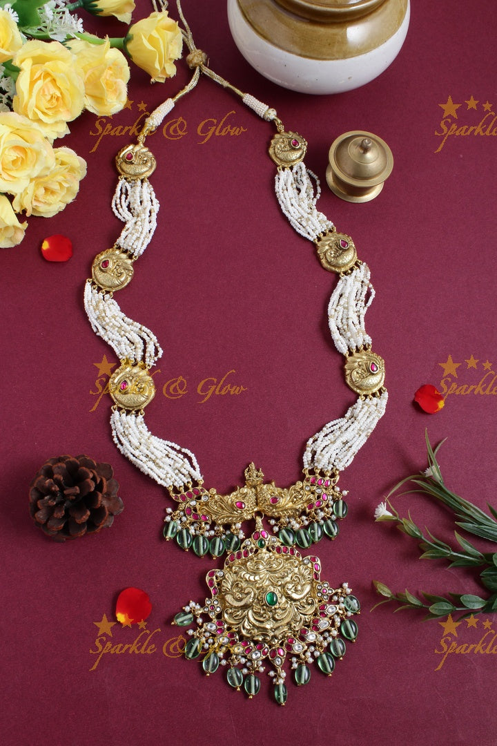 Antique peacock Lakshmi carved pendent pearl jadau long necklace