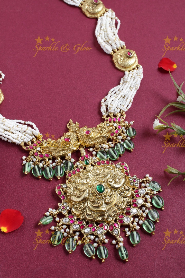 Antique peacock Lakshmi carved pendent pearl jadau long necklace