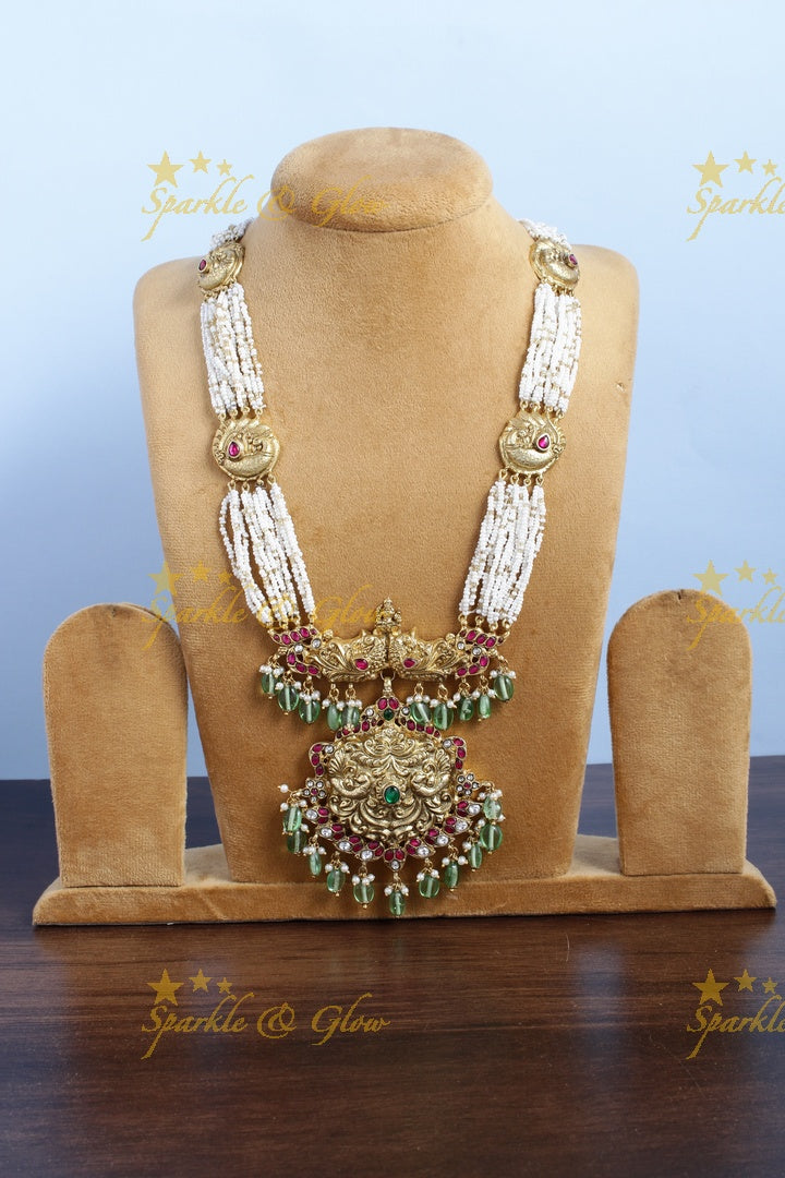Antique peacock Lakshmi carved pendent pearl jadau long necklace