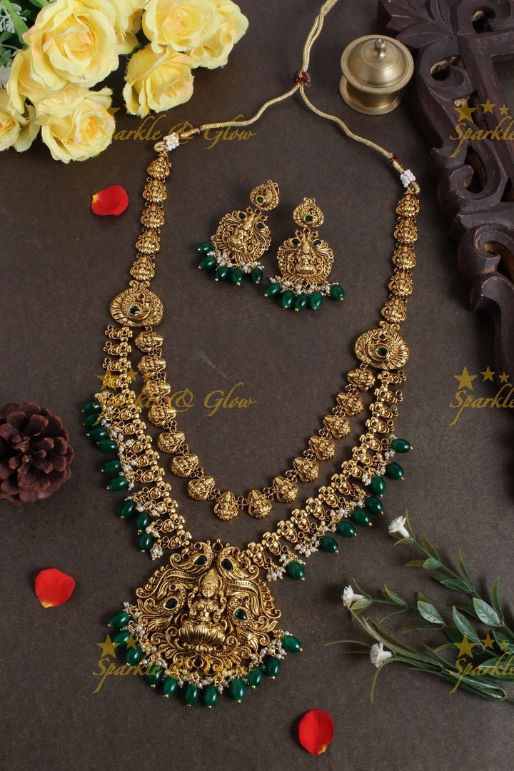 Two layered Lakshmi carved floral peacock necklace - Green - Sparkle and Glow - Green - 