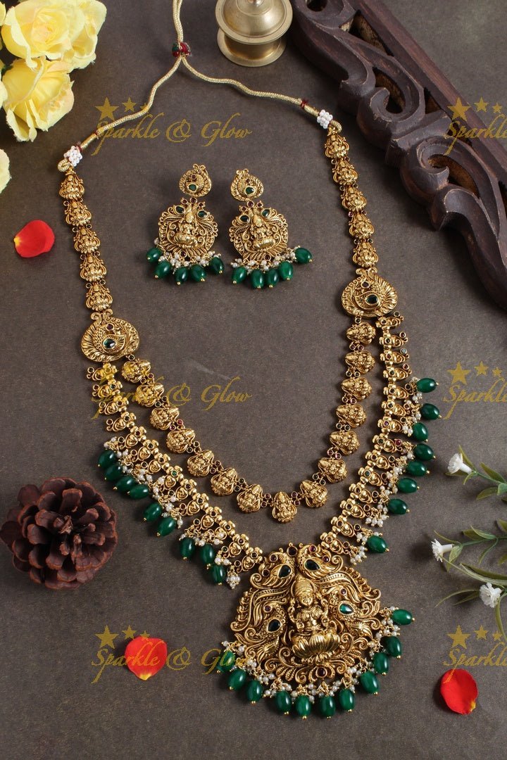 Two layered Lakshmi carved floral peacock necklace - Green - Sparkle and Glow - Green - 
