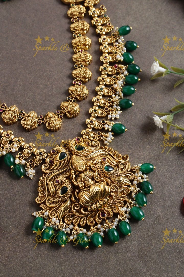 Two layered Lakshmi carved floral peacock necklace - Green - Sparkle and Glow - Green - 
