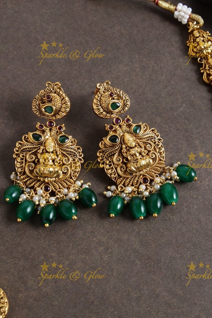 Two layered Lakshmi carved floral peacock necklace - Green - Sparkle and Glow - Green - 