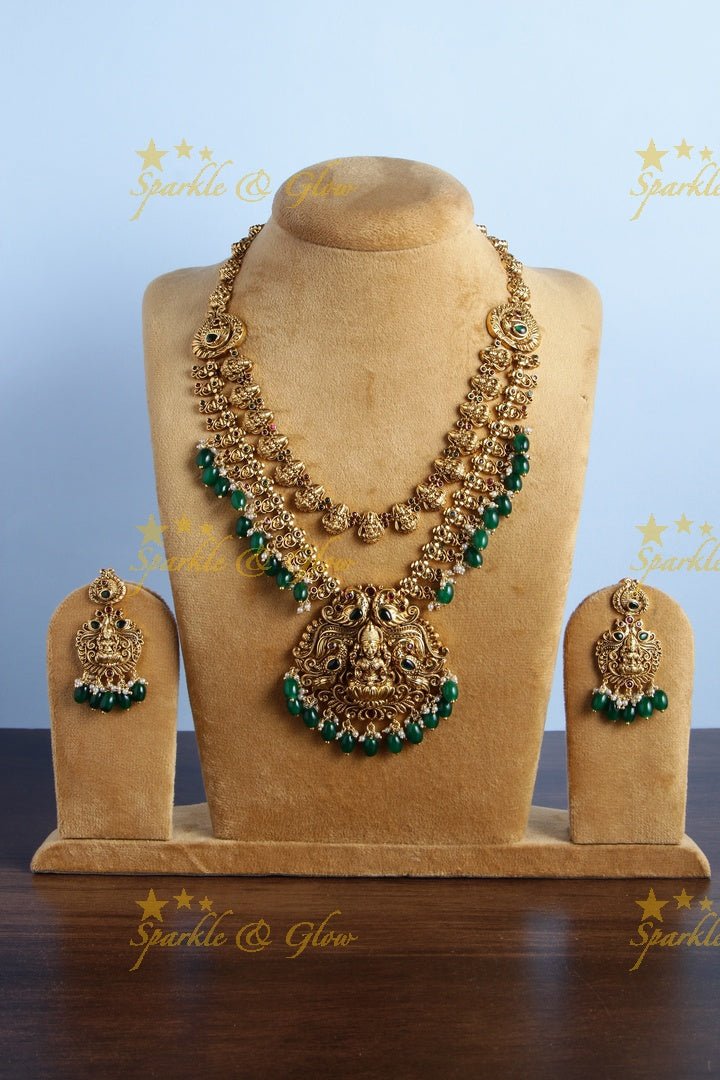 Two layered Lakshmi carved floral peacock necklace - Green - Sparkle and Glow - Green - 