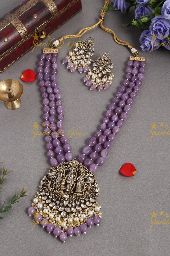 Gold alike long victorian AD necklace with Ram parivaar pendent - Sparkle and Glow - Purple - Back Thread