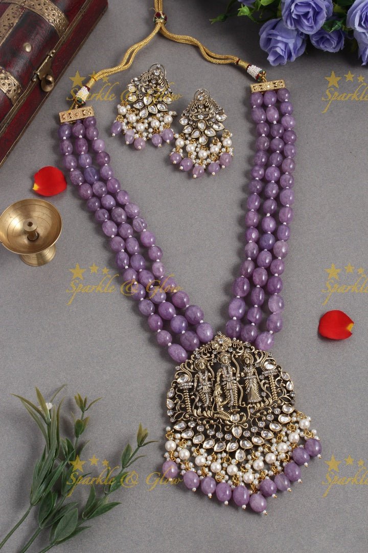 Gold alike long victorian AD necklace with Ram parivaar pendent - Sparkle and Glow - Purple - Back Thread