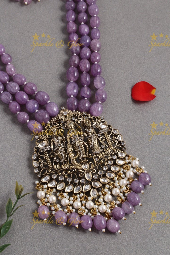Gold alike long victorian AD necklace with Ram parivaar pendent - Sparkle and Glow - Purple - Back Thread