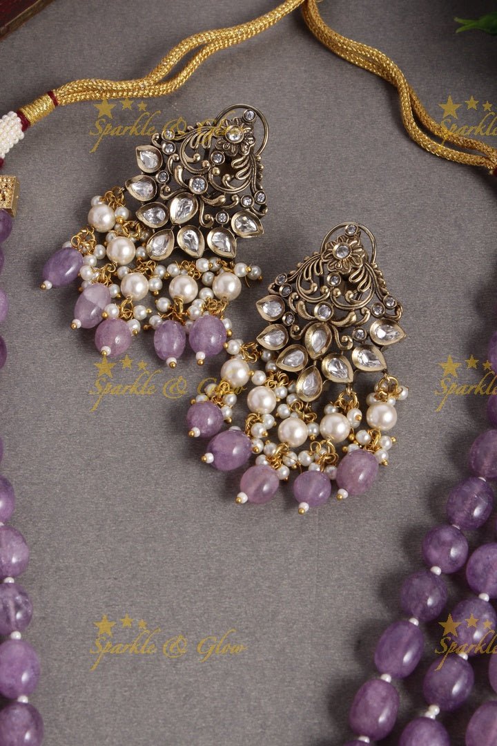 Gold alike long victorian AD necklace with Ram parivaar pendent - Sparkle and Glow - Purple - Back Thread