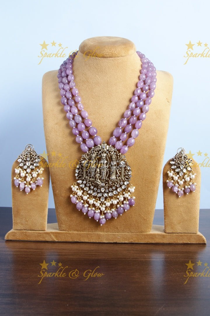 Gold alike long victorian AD necklace with Ram parivaar pendent - Sparkle and Glow - Purple - Back Thread