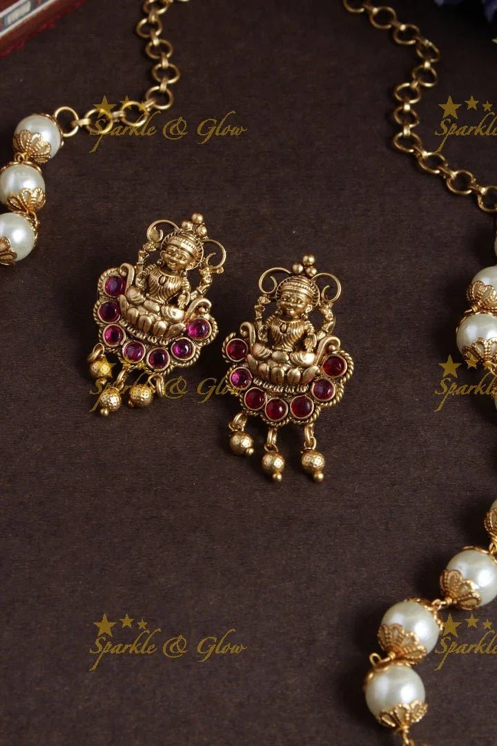 Pearl necklace with lakshmi carved pendent - Sparkle and Glow