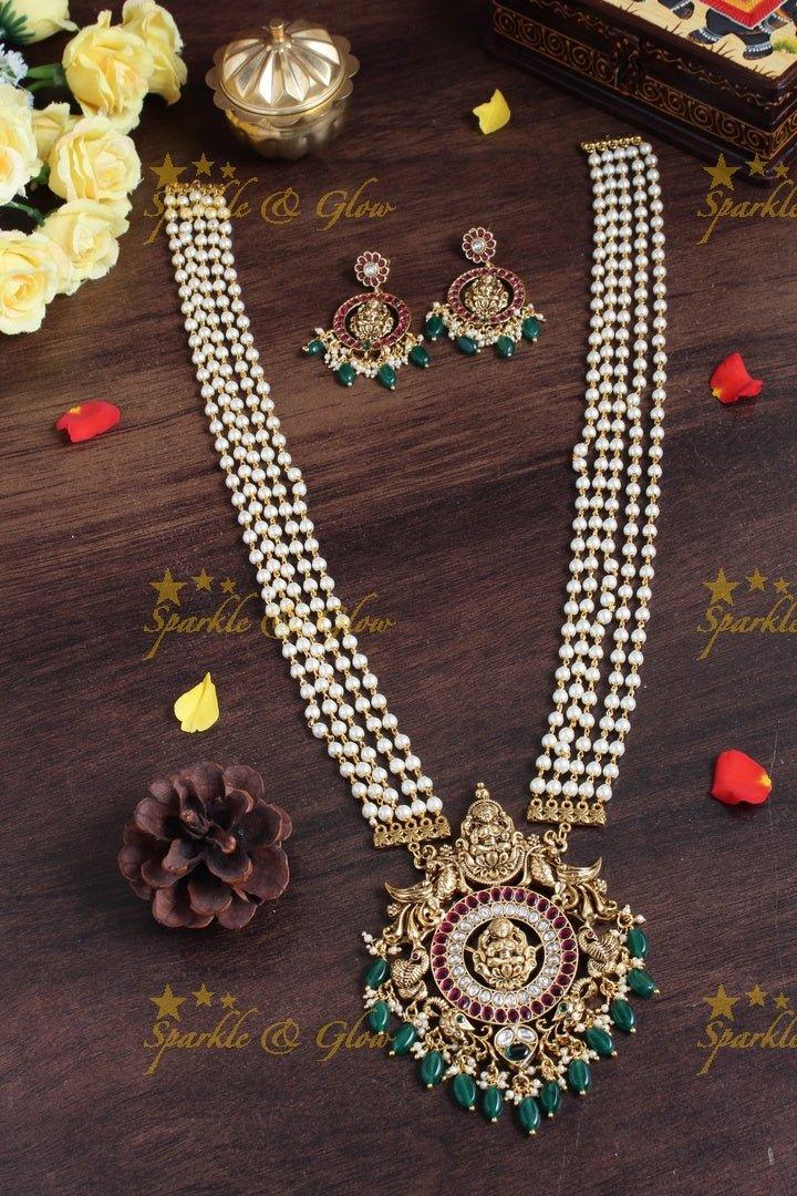 Beautiful multilayered pearl necklace with Lakshmi peacock carved pendent - Sparkle and Glow