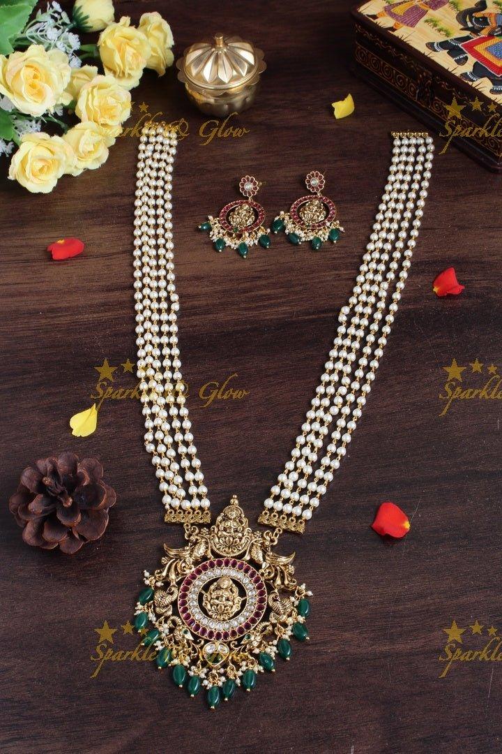 Beautiful multilayered pearl necklace with Lakshmi peacock carved pendent - Sparkle and Glow