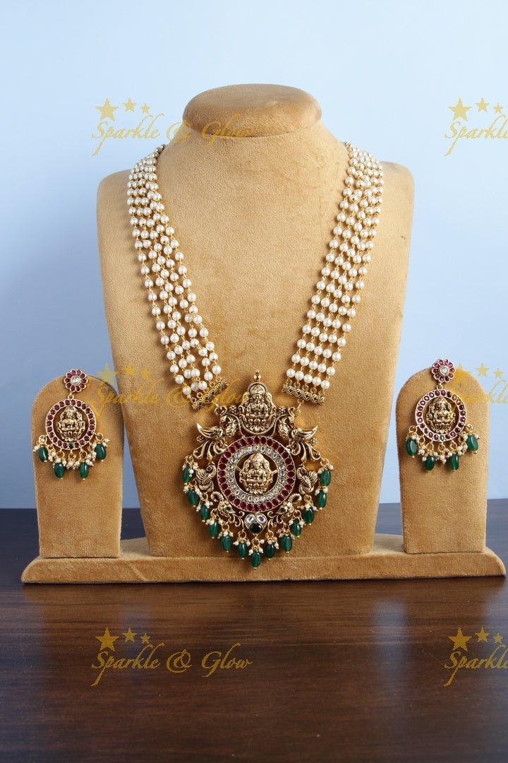Beautiful multilayered pearl necklace with Lakshmi peacock carved pendent - Sparkle and Glow