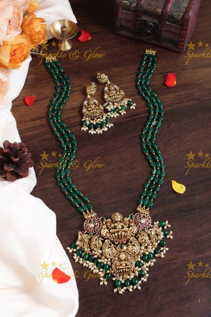 Exclusive long green beads necklace with intricately carved lakhsmi pendent - Sparkle and Glow