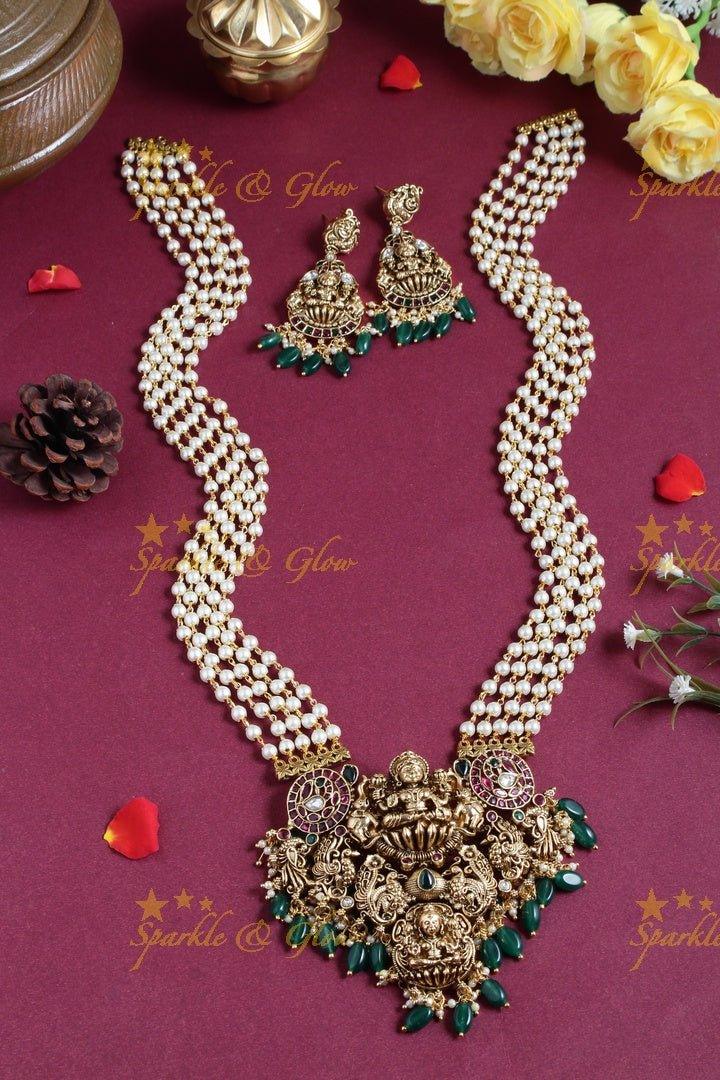 Exclusive long pearl necklace with intricately carved Lakshmi pendent - Sparkle and Glow