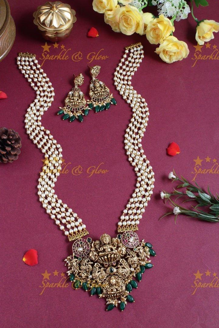 Exclusive long pearl necklace with intricately carved Lakshmi pendent - Sparkle and Glow